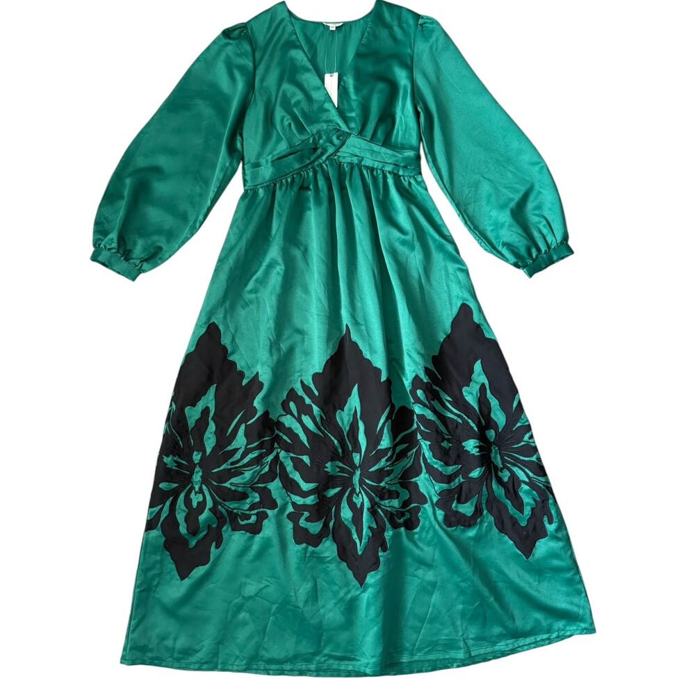 Anthropologie x Nikasha Embroidered Satin Maxi Dress Emerald Green Size Medium - Picture 7 of 12